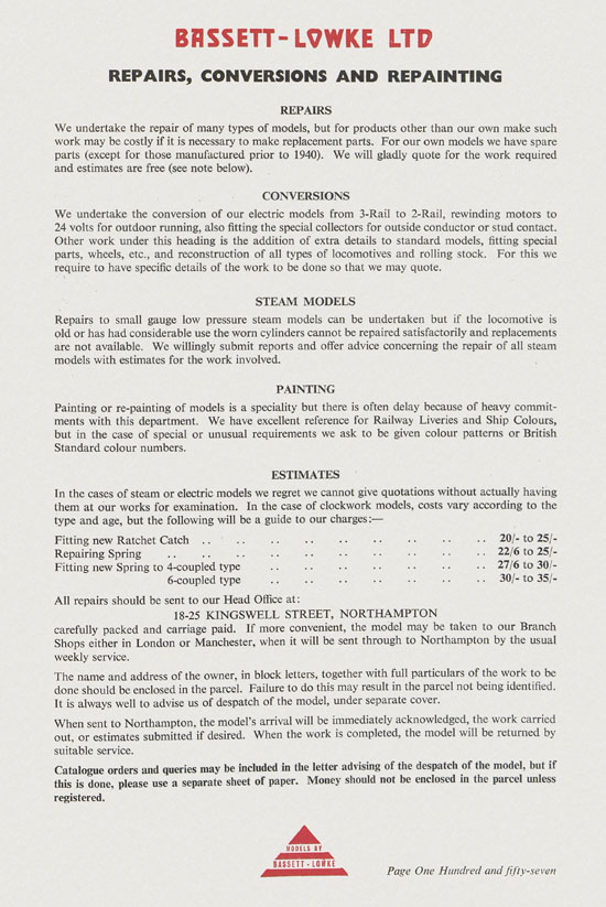 Bassett-Lowke Model Railway and Engineering catalogue 1959