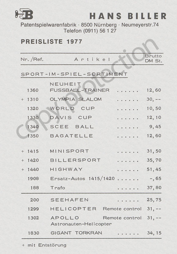 Hans Biller Preisliste 1977