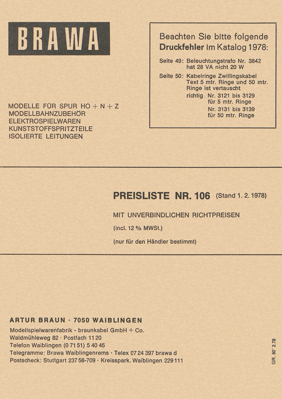 Brawa Preisliste Nr. 106 1978