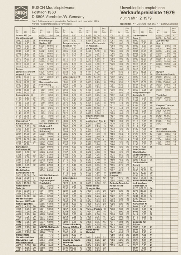 Busch Verkaufspreise 1979