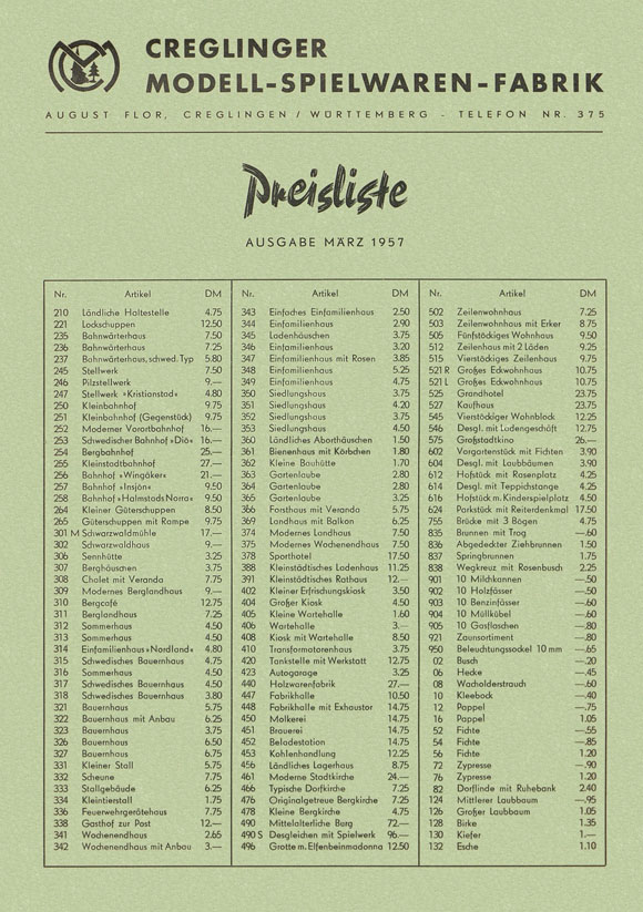 Creglinger Preisliste 1957