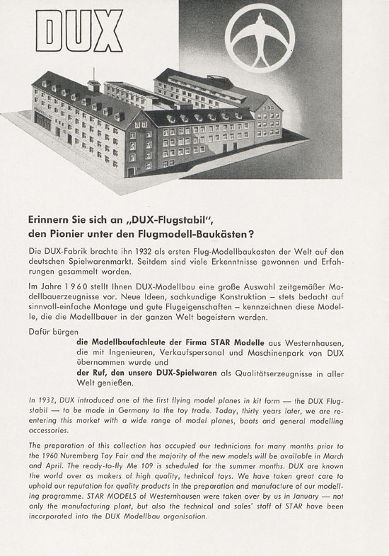 DUX Modellbau Flugmodelle Katalog 1960