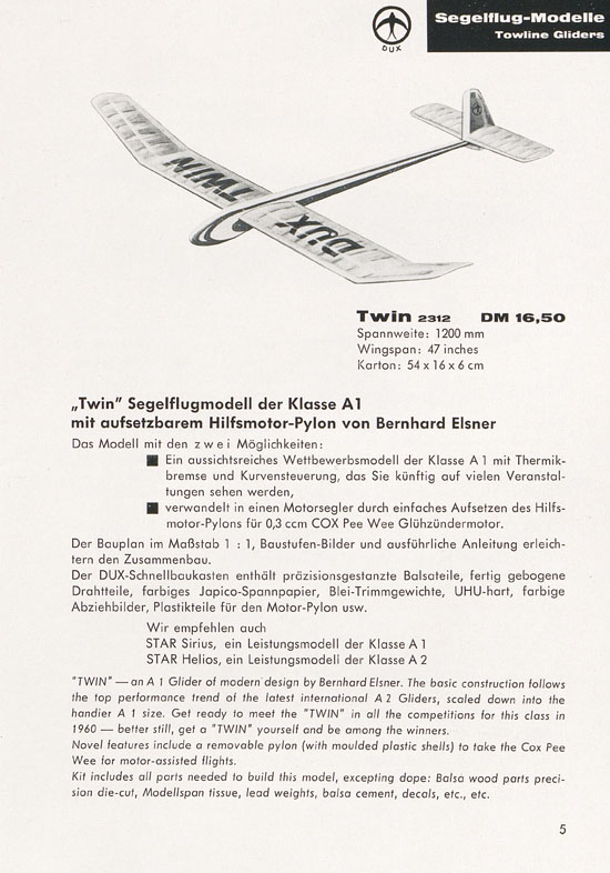 DUX Modellbau Flugmodelle Katalog 1960