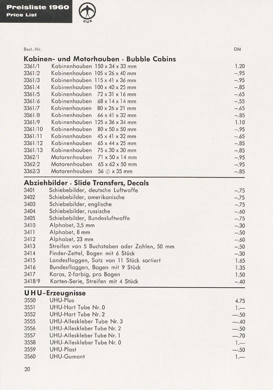 DUX Modellbau Flugmodelle Katalog 1960