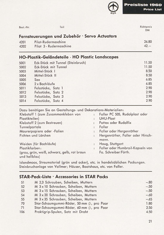 DUX Modellbau Flugmodelle Katalog 1960