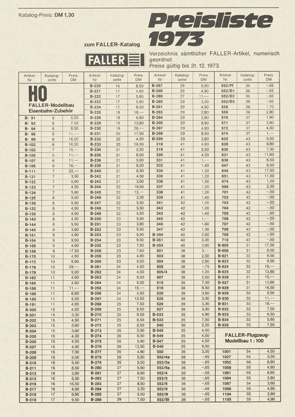 Faller Preisliste 1973