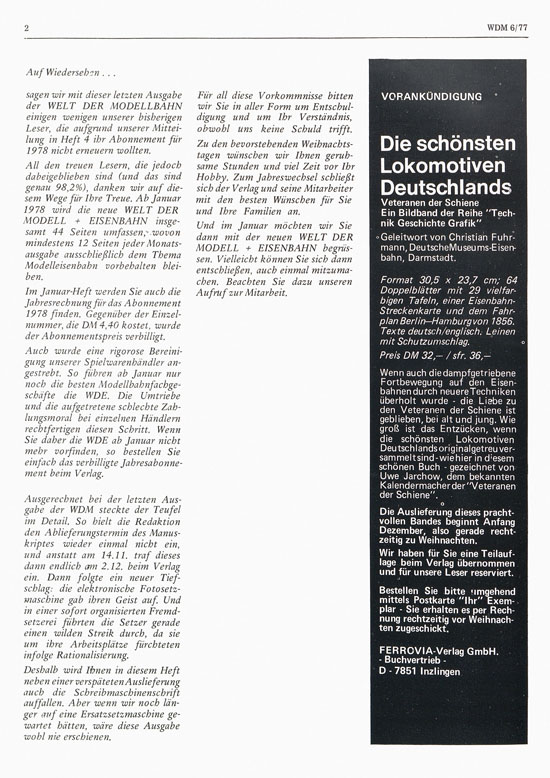 Welt der Modellbahn Nr. 6 Dezember 1977