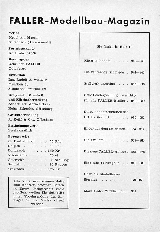 Faller-Magazin Nr. 27 Februar 1962