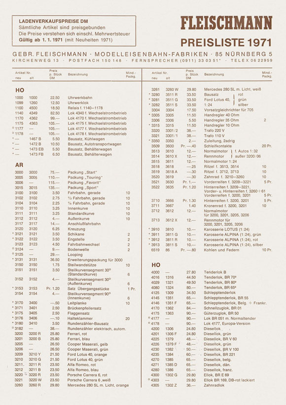 Fleischmann Preisliste 1971