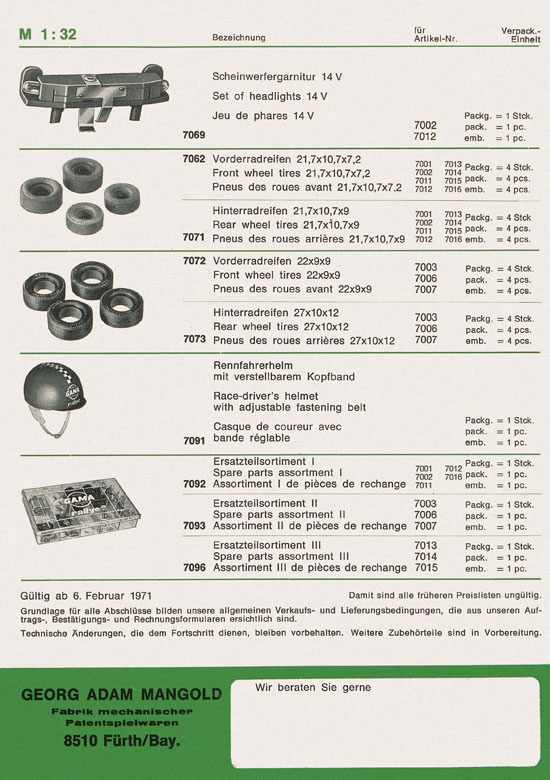 Gama Rallye Bestell- und Preisliste 1971