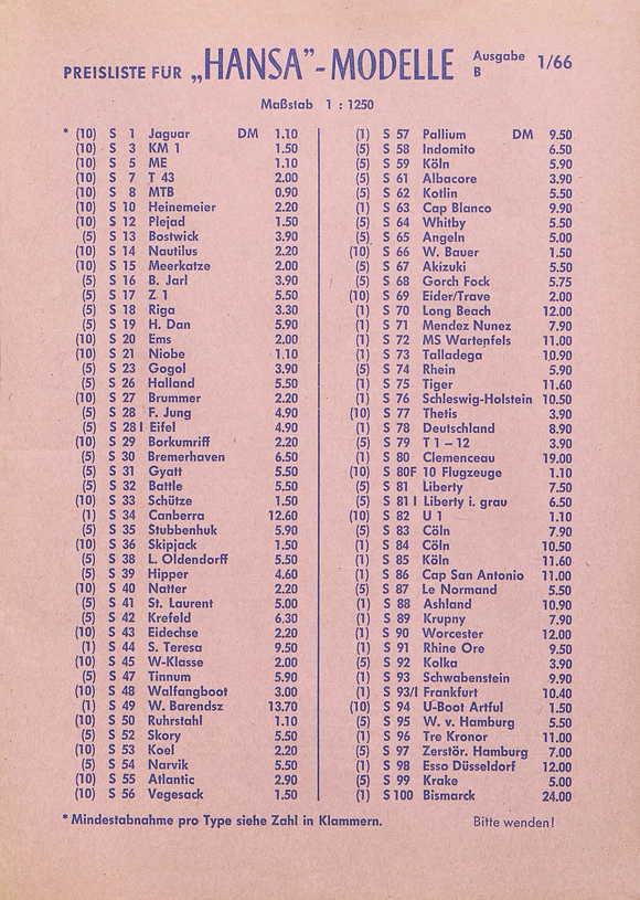 Hansa-Modelle Preisliste 1966