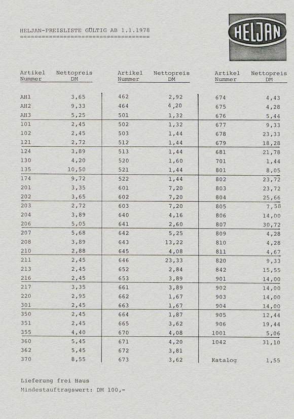 Heljan Preisliste 1978