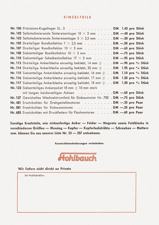 Albert Hohlbauch Katalog Modellbahn Erzeugnisse 1955