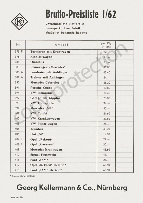 Georg Kellermann Mechanische Spielwaren Preisliste 1962