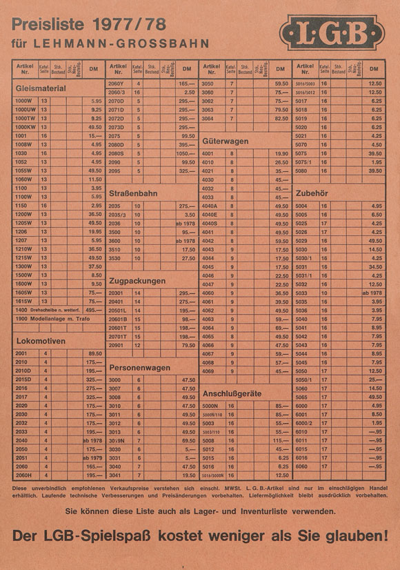 LGB Preisliste 1977-1978