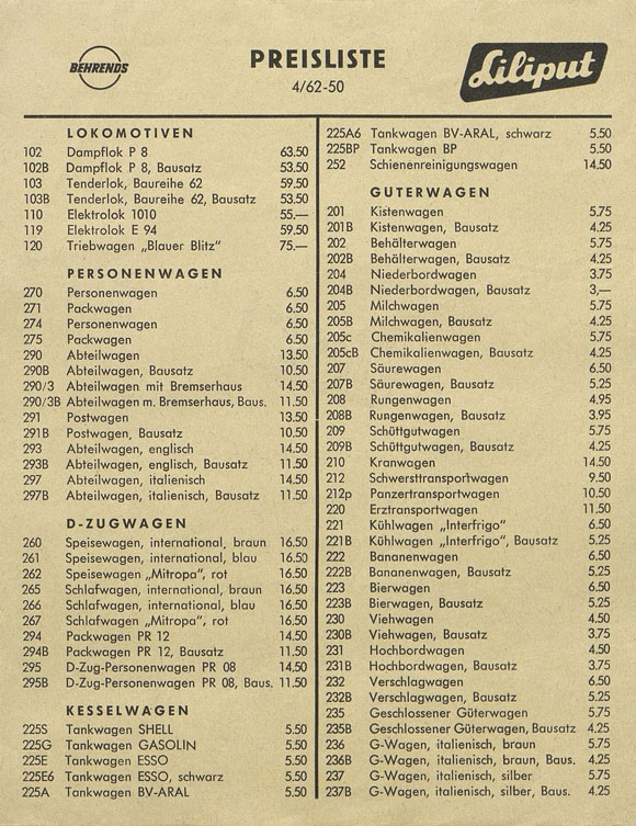 Liliput Preisliste 1962