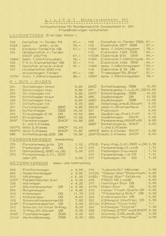 Liliput Preisliste 1969