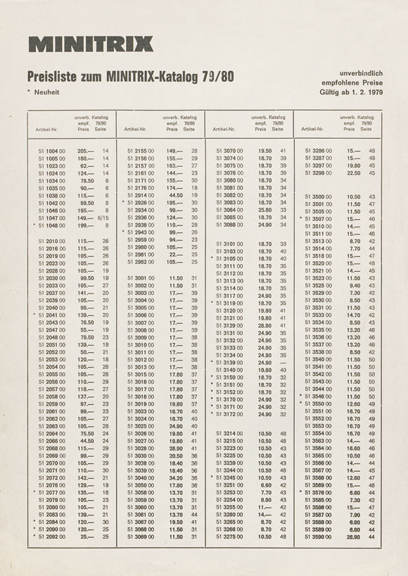 Minitrix Preisliste 1979-1980