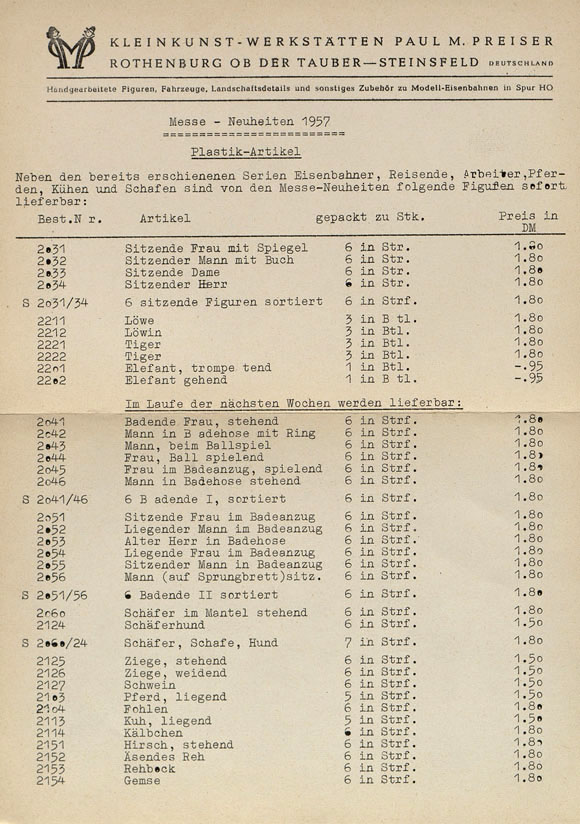 Preiser Messeneuheiten Plastik-Artikel 1957