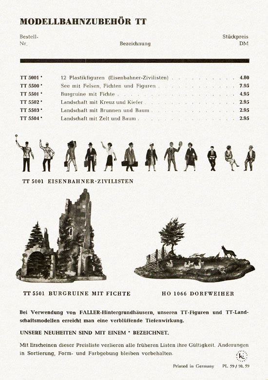 Preiser Modellbahnzubehör Preisliste 1959/60