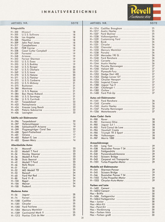 Revell Hobby Modelle Katalog 1962