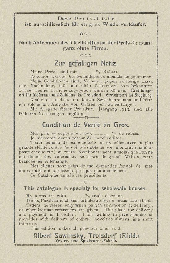 Sawinsky Geduldspiele - Beschäftigungsspiele und Lehrmittel Preisliste 1912