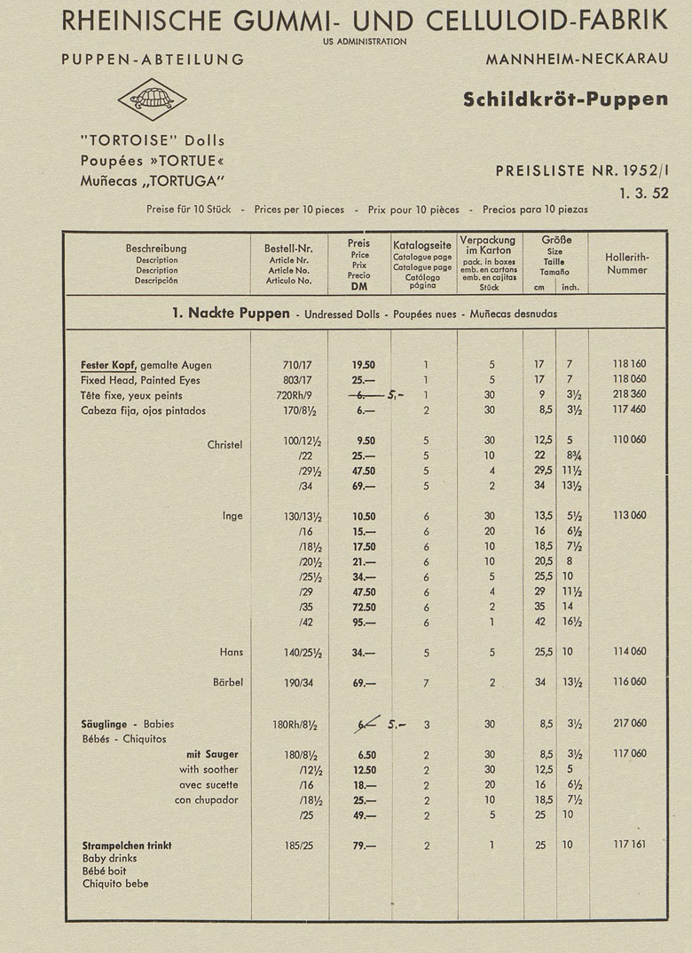 Schildkröt-Puppen Preisliste 1952