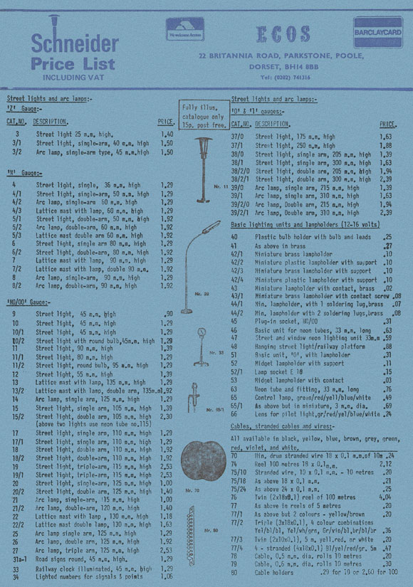 Schneider Modellbahnzubehör Price List 1970