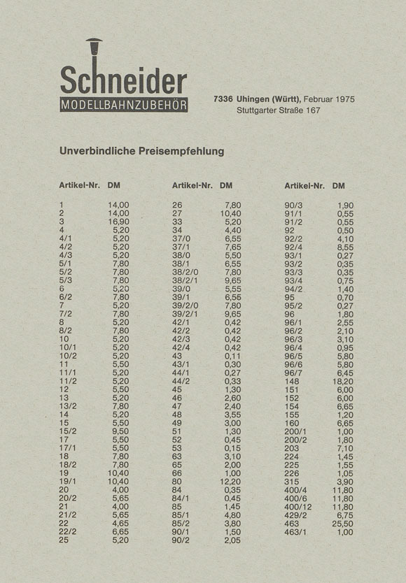 Schneider Modellbahnzubehör Preisliste 1975