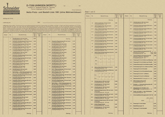 Schneider Modellbahnzubehör Netto-Preisliste 1981