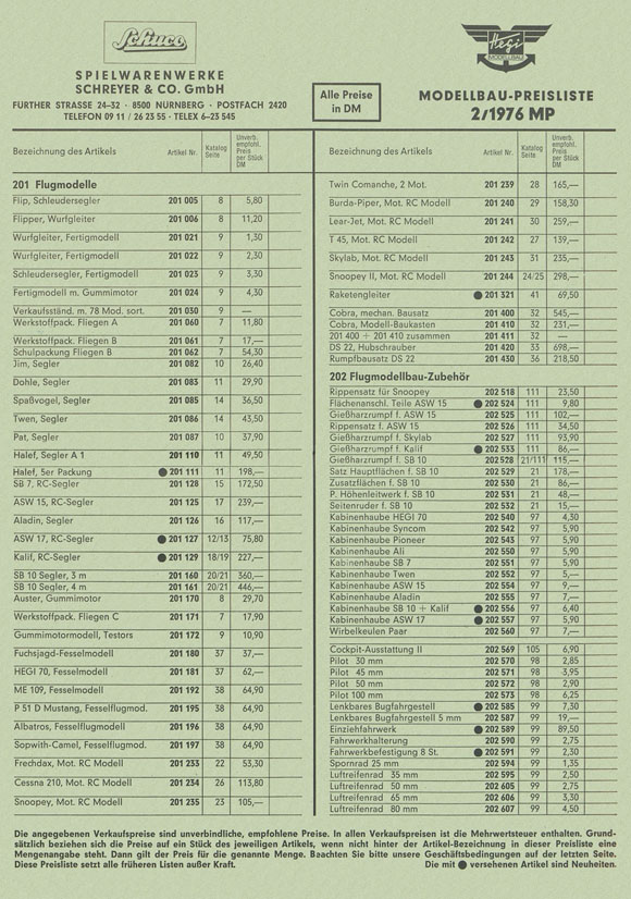 Schuco Hegi Modellbau Preisliste 1976