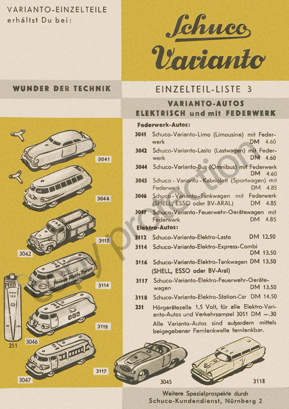 Schuco Varianto Preisliste 1960