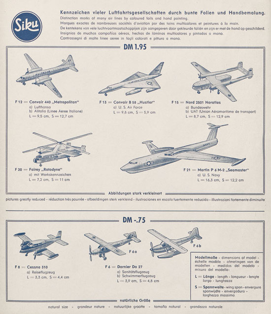 Siku Katalog 1960, Siku Flugmodelle 1960