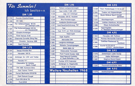 Siku Katalog 1968, Preisliste 1968, Bildpreisliste 1968, Verkehrsmodelle 1968