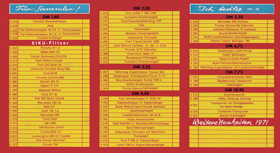 Siku Katalog 1971, Preisliste 1971, Bildpreisliste 1971, Verkehrsmodelle 1971, Siku Zinkgußmodelle 1971, Siku V-Serie 1971
