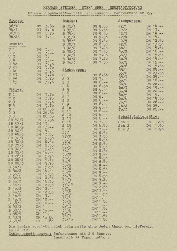 Steha Netto-Preisliste 1972