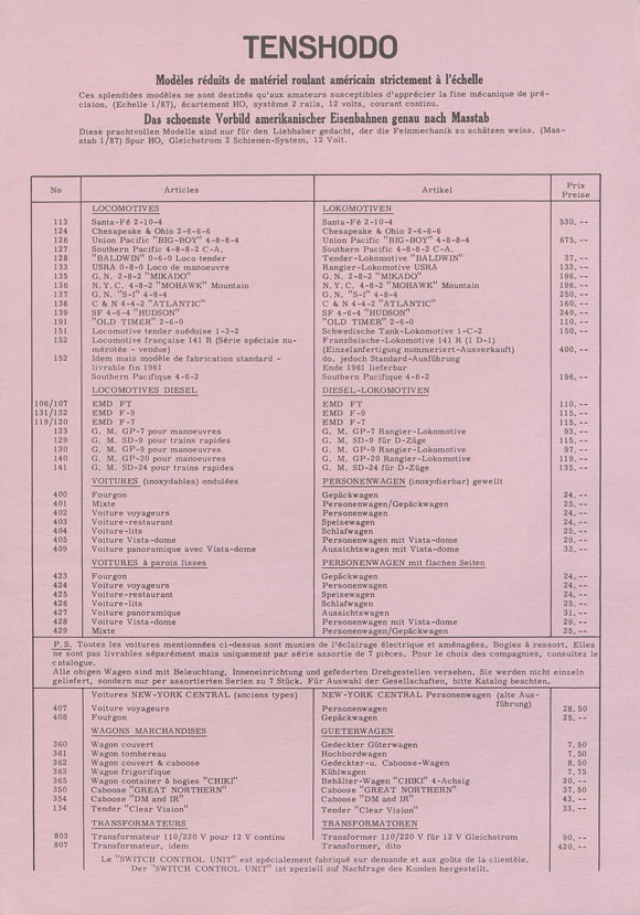 Tenshodo Preisliste 1961