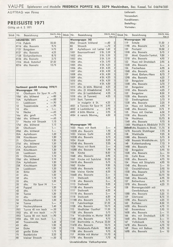 Vau-Pe Preisliste 1971
