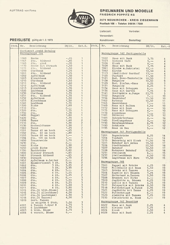 Vau-Pe Preisliste 1973