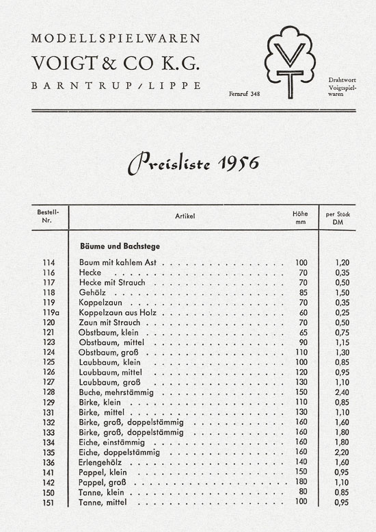 Voigt Modellspielwaren Preisliste 1956, VT Barntrup