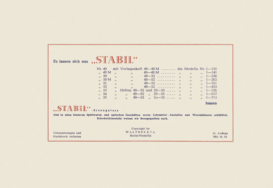 Walther Metall-Baukasten Stabil Katalog 1951