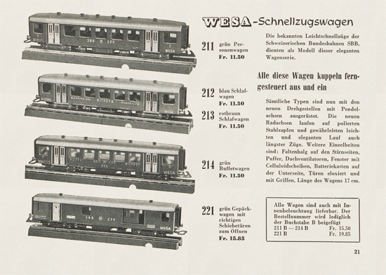 Wesa Elektrische Modelleisenbahn Spur 13 mm Katalog 1954