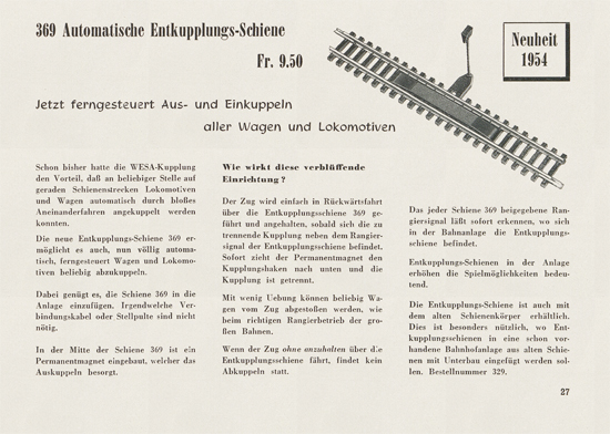 Wesa Elektrische Modelleisenbahn Spur 13 mm Katalog 1954