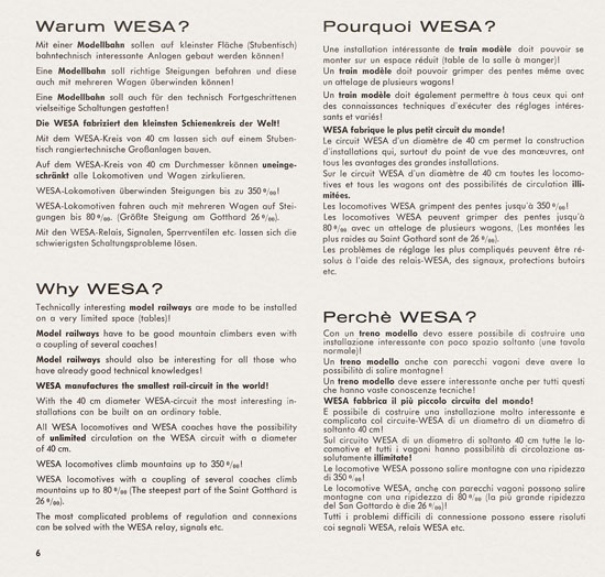 Wesa Schweizer Elektrische Modelleisenbahn Spur 13 mm Katalog 1960