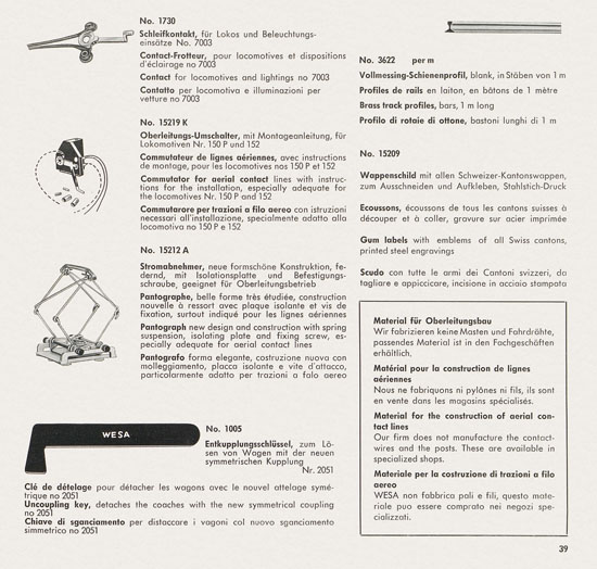 Wesa Schweizer Elektrische Modelleisenbahn Spur 13 mm Katalog 1960