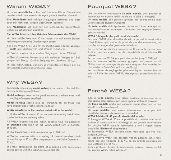 Wesa Schweizer Elektrische Modelleisenbahn Spur 13 mm Katalog 1959