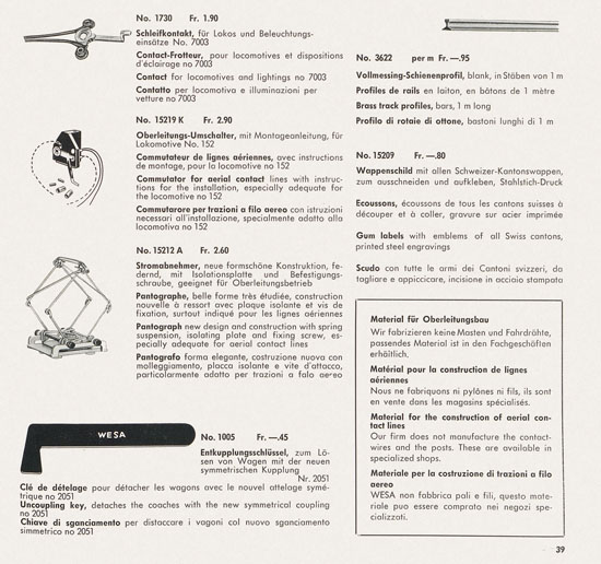 Wesa Schweizer Elektrische Modelleisenbahn Spur 13 mm Katalog 1959