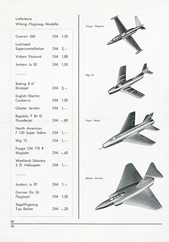 Wiking Prospekt Flugzeug-Modelle 1958