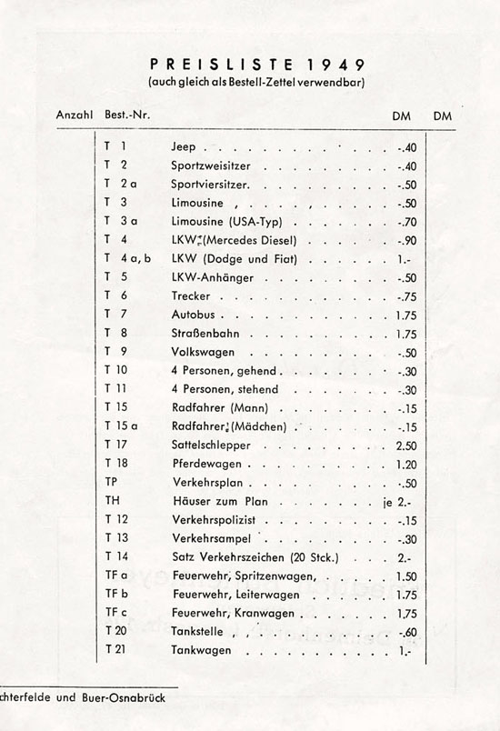 Wiking Katalog 1949, Wiking Modellbau Kataloge, Preisliste 1949, Bildpreisliste 1949, Verkehrsmodelle 1949