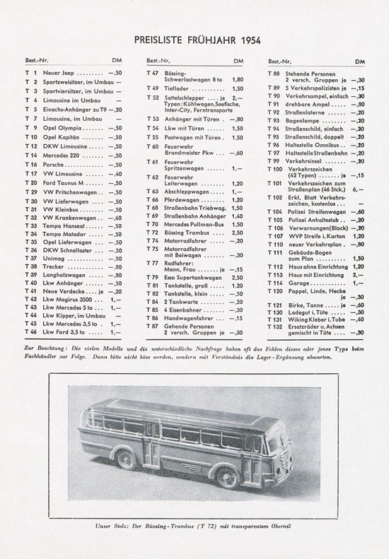 Wiking Katalog 1954, Wiking Modellbau Kataloge, Preisliste 1954, Bildpreisliste 1954, Verkehrsmodelle 1954